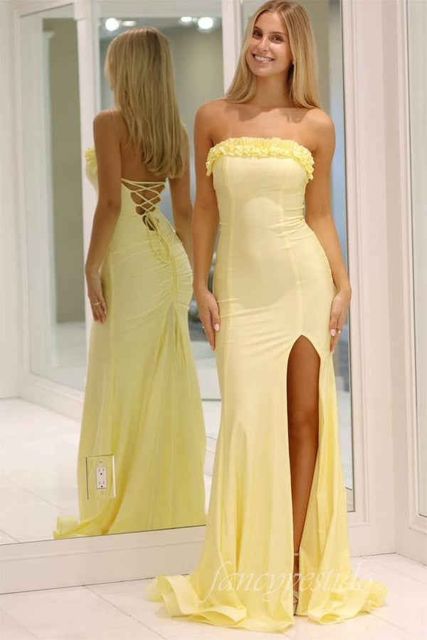 Pink Strapless Sheath Mermaid Prom Dress with Slit