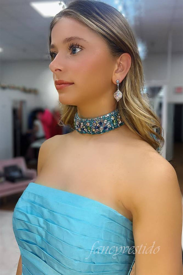 Blue Strapless Pleated A-Line Prom Dress