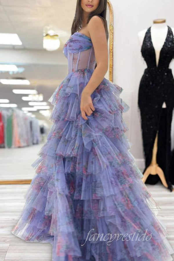Strapless Floral Print Tiered A-Line Prom Dress with Slit