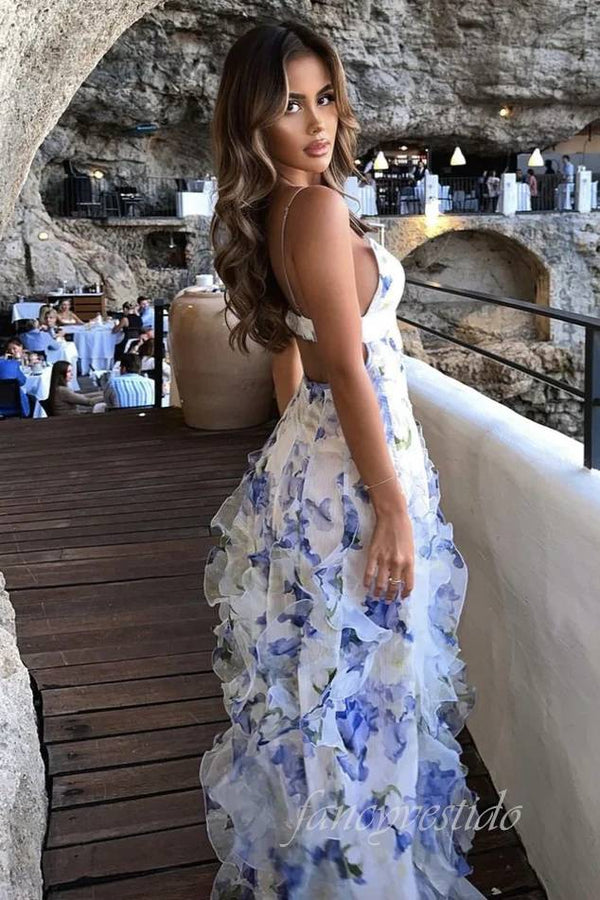 V-Neck Blue Floral Print Tiered Prom Dress with Open Back