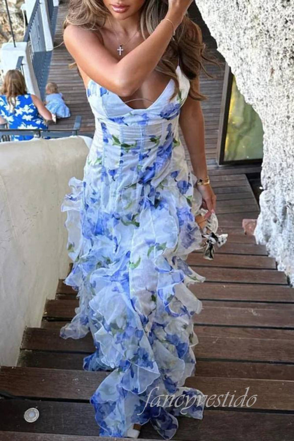 V-Neck Blue Floral Print Tiered Prom Dress with Open Back