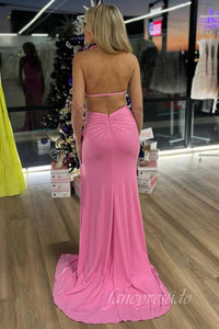 Hot Pink Halter Sheath Mermaid Prom Dress with Floral 