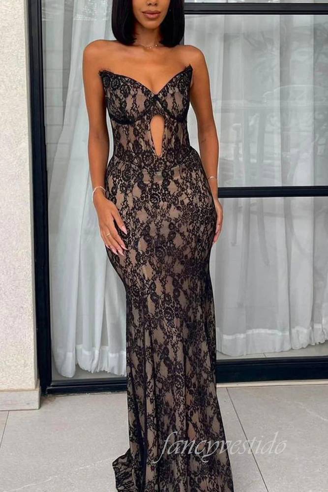 Strapless Black Lace Keyhole Mermaid Prom Dress FancyVestido Strapless Black Lace Keyhole Mermaid Prom Dress FancyVestido