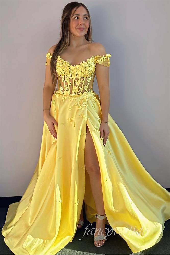 Off Shoulder Yellow 3D Floral A-Line Prom Dress with Slit