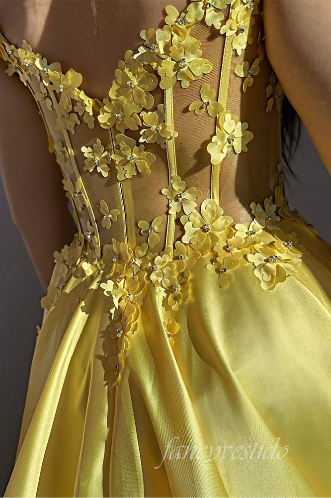 Off Shoulder Yellow 3D Floral A-Line Prom Dress with Slit