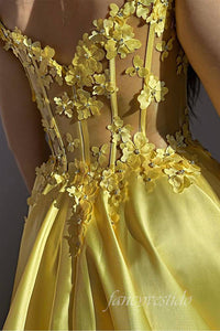 Off Shoulder Yellow 3D Floral A-Line Prom Dress with Slit