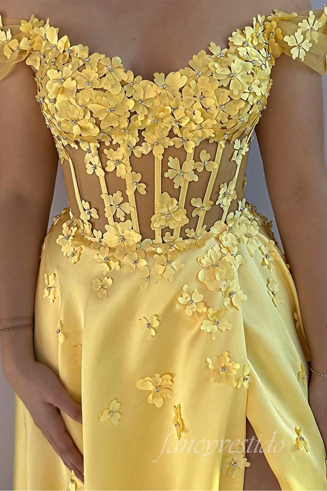 Off Shoulder Yellow 3D Floral A-Line Prom Dress with Slit