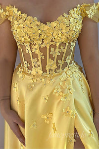 Off Shoulder Yellow 3D Floral A-Line Prom Dress with Slit