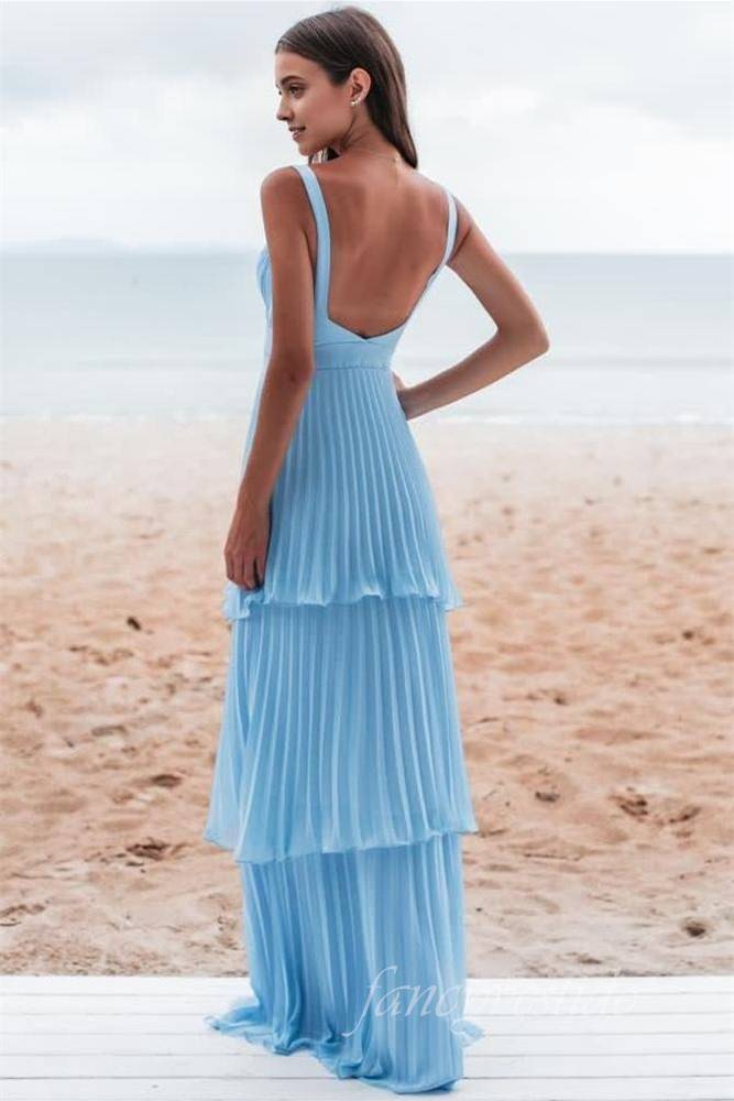 Straps Blue Pleated Ruffle A-Line Prom Dress with Backless