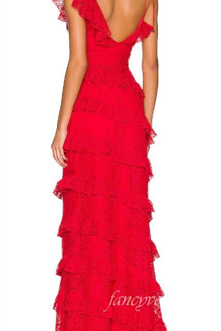Asymmertial V-Neck Red Layered High Slit Prom Dress