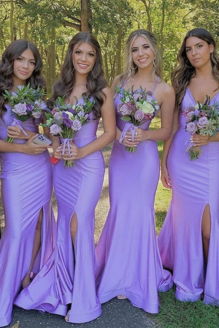 Elegant Lavender Straps Long Bridesmaid Dress with Slit