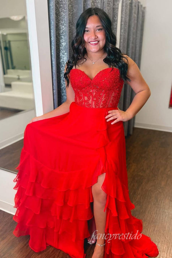 Sweetheart Applique Chiffon Ruffle Prom Dress with Slit