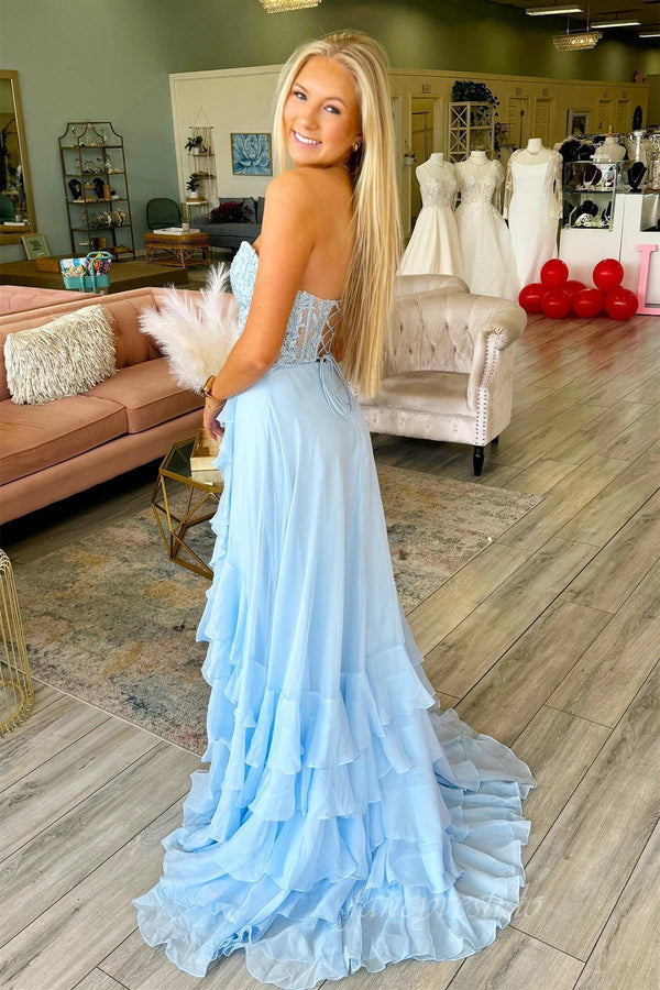 Sweetheart Applique Chiffon Ruffle Prom Dress with Slit