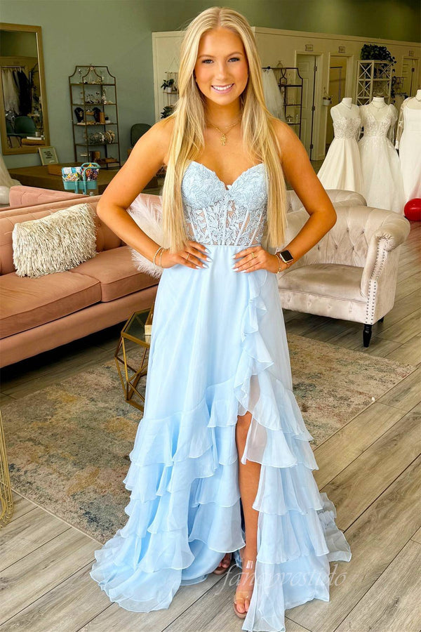 Sweetheart Applique Chiffon Ruffle Prom Dress with Slit