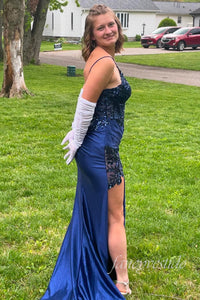 Spaghetti Straps Sequin Applique Formal Dress with Slit