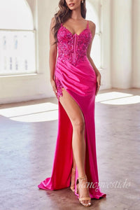 Spaghetti Straps Sequin Applique Formal Dress with Slit