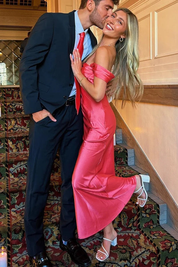 Pink Sheath Long Party Maxi Dress with Off the Shoulder
