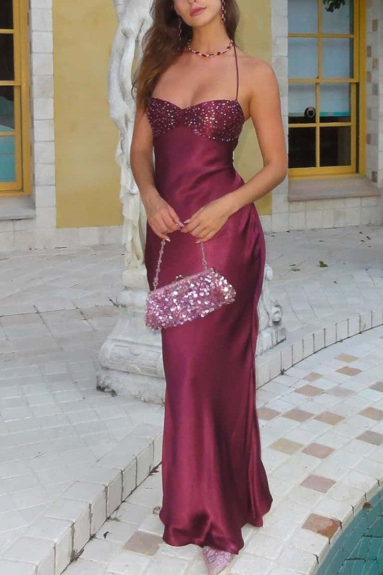 Spaghetti Straps Sequin Maxi Prom Dress with Lace-up Back