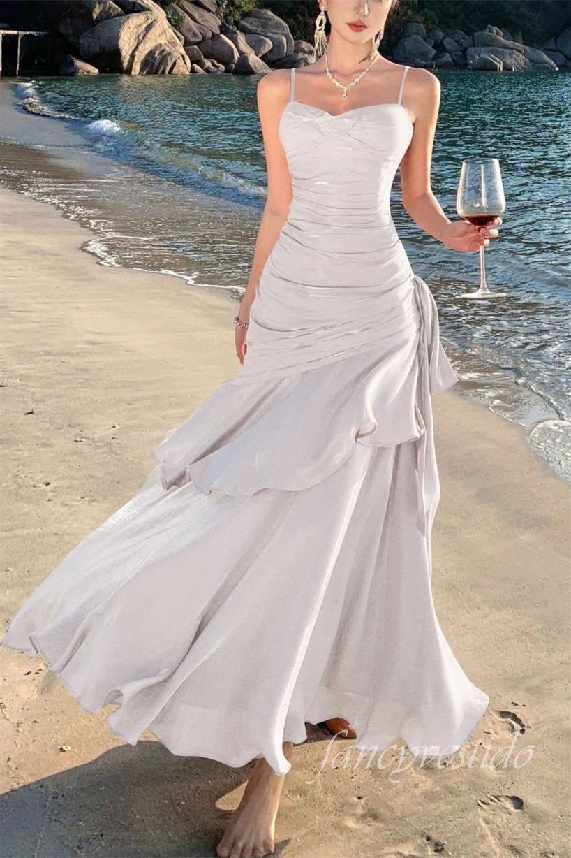 Straps Glitter Pleated Ruffle Mermaid Long Dress