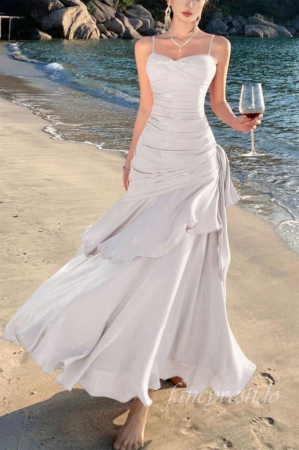 Straps Glitter Pleated Ruffle Mermaid Long Dress