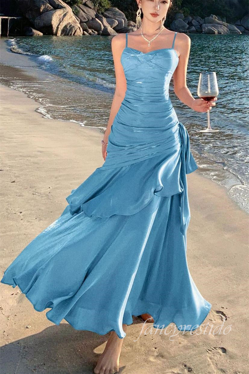 Straps Glitter Pleated Ruffle Mermaid Long Dress