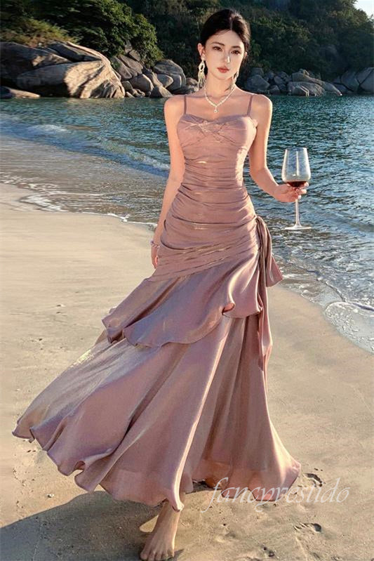 Straps Glitter Pleated Ruffle Mermaid Long Dress