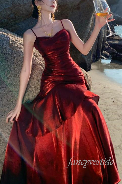 Straps Glitter Pleated Ruffle Mermaid Long Dress