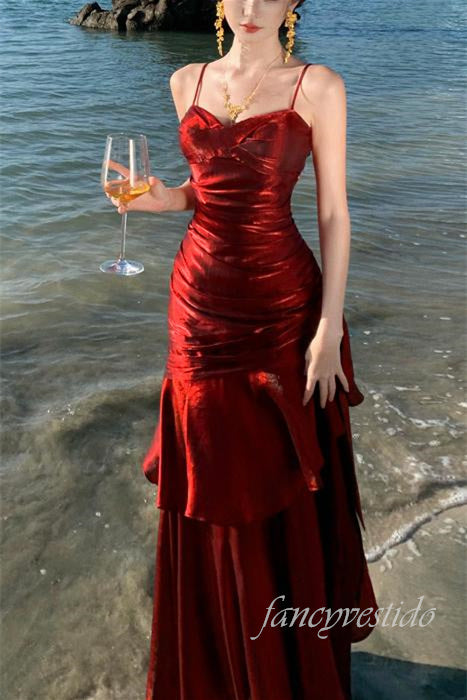 Straps Glitter Pleated Ruffle Mermaid Long Dress