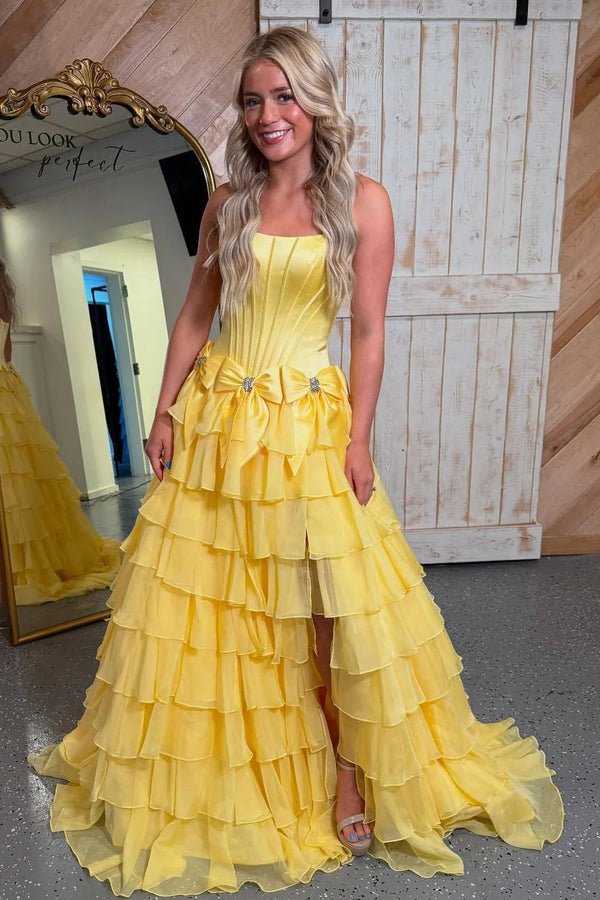 Strapless Ruffle A-Line Slit Prom Dress with 3D Bow