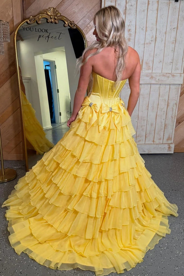 Strapless Ruffle A-Line Slit Prom Dress with 3D Bow