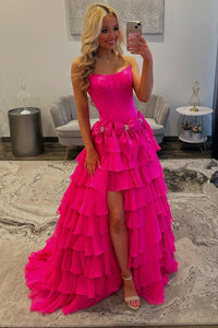 Strapless Ruffle A-Line Slit Prom Dress with 3D Bow