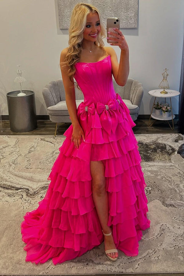 Strapless Ruffle A-Line Slit Prom Dress with 3D Bow