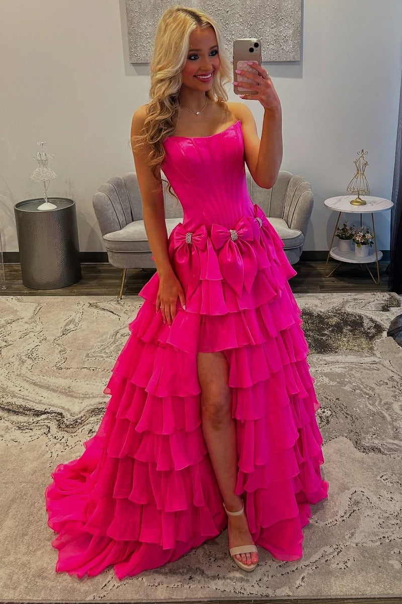 Strapless Ruffle A-Line Slit Prom Dress with 3D Bow