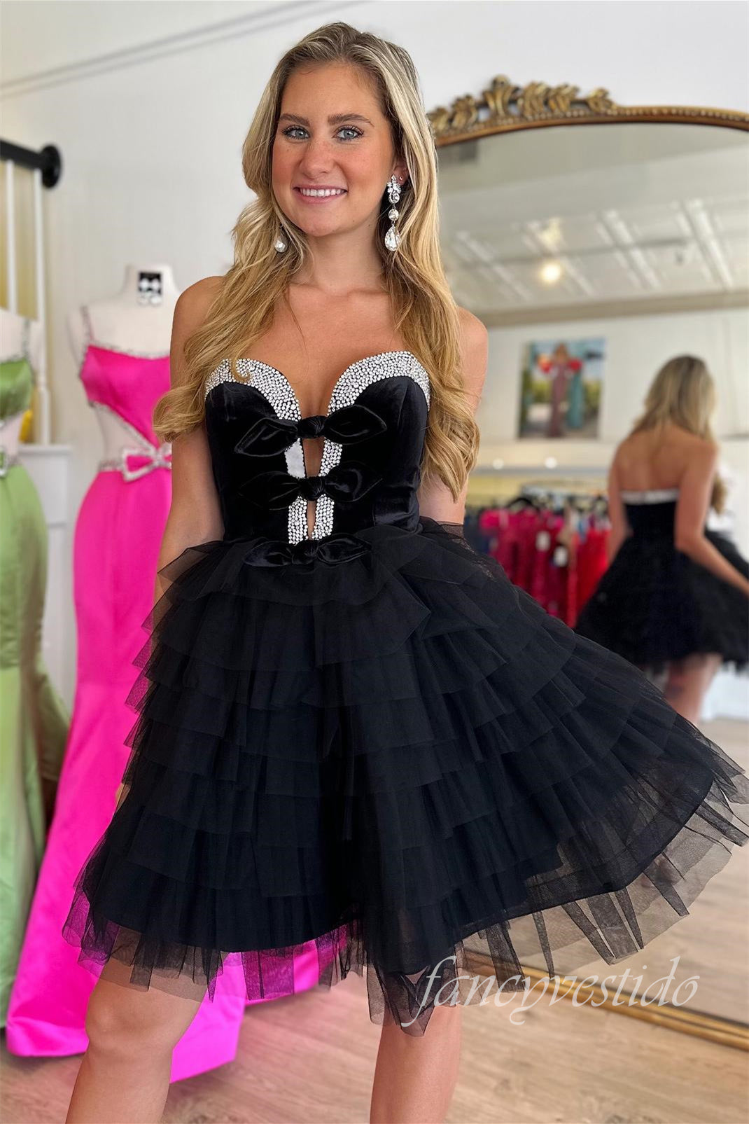knee length dresses for ladies Sweetheart Black Beaded Tiered A-Line Homecoming Dress – FancyVestido