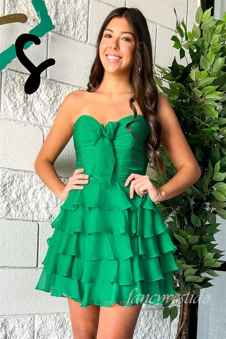 Sweetheart Green Pleated Ruffle Homecoming Dress with Bow