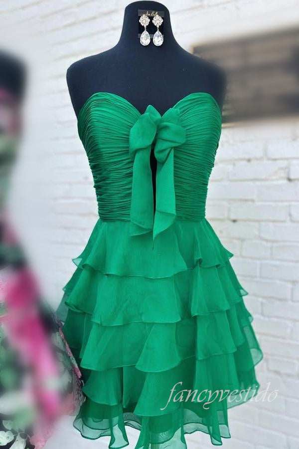 Sweetheart Green Pleated Ruffle Homecoming Dress with Bow