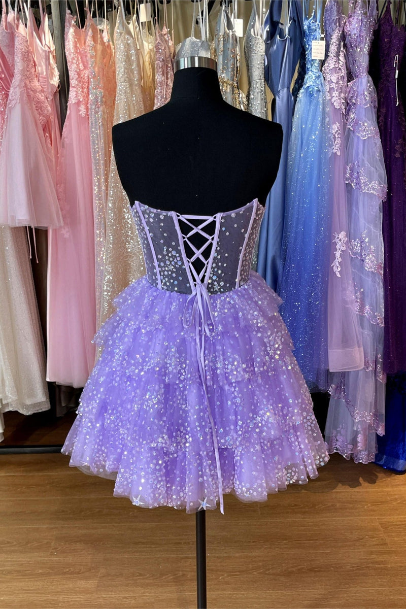 Strapless Lavender Sequin Ruffle Homecoming Dress