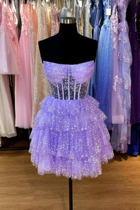 Strapless Lavender Sequin Ruffle Homecoming Dress