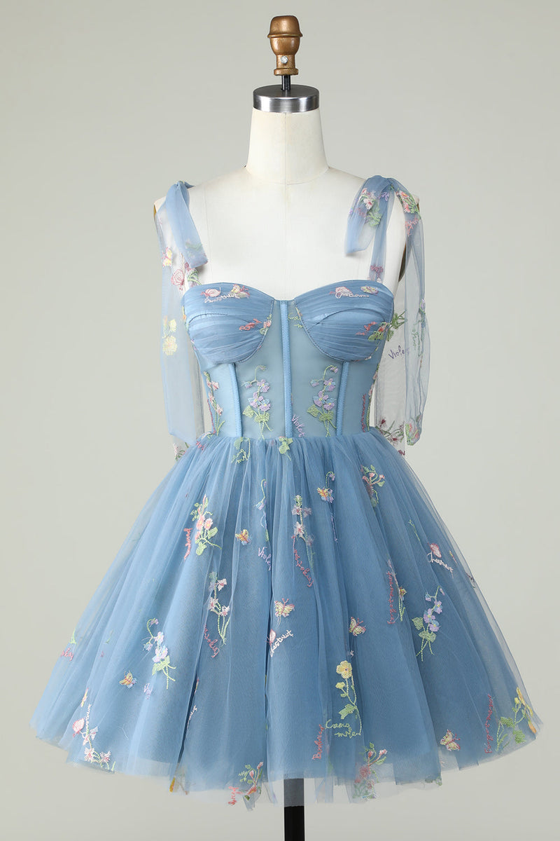 Bow Straps Embroidery Floral A-Line Homecoming Dress
