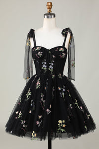 Bow Straps Embroidery Floral A-Line Homecoming Dress