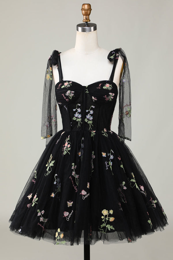 Bow Straps Embroidery Floral A-Line Homecoming Dress