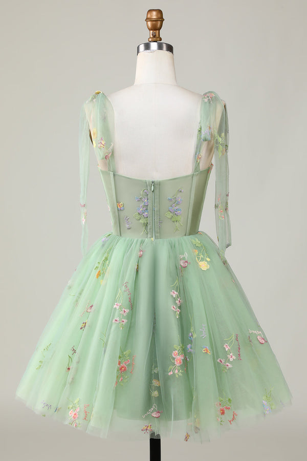 Bow Straps Embroidery Floral A-Line Homecoming Dress