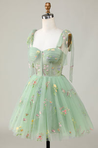 Bow Straps Embroidery Floral A-Line Homecoming Dress