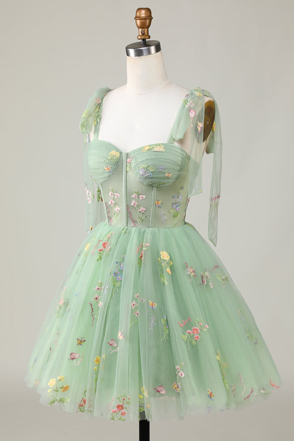 Bow Straps Embroidery Floral A-Line Homecoming Dress