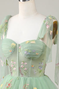 Bow Straps Embroidery Floral A-Line Homecoming Dress