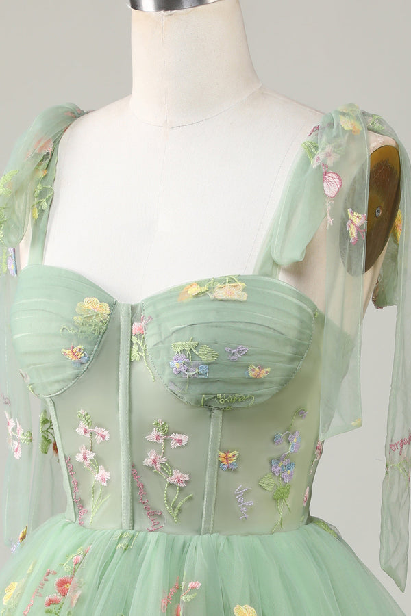 Bow Straps Embroidery Floral A-Line Homecoming Dress
