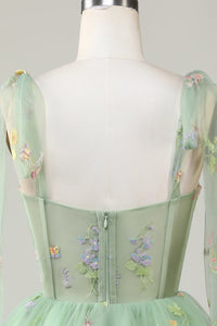 Bow Straps Embroidery Floral A-Line Homecoming Dress