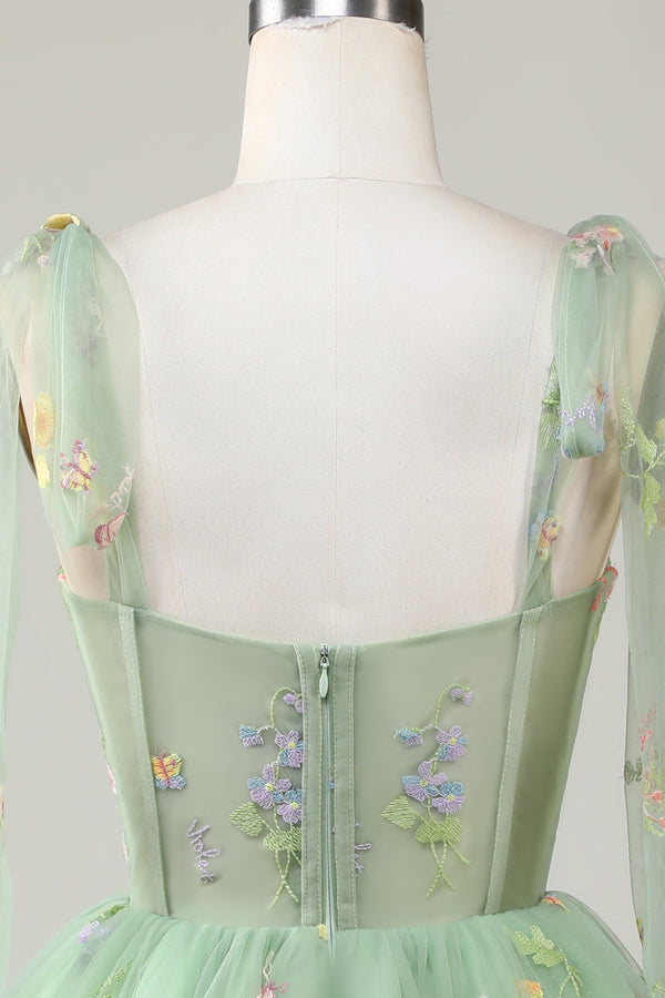 Bow Straps Embroidery Floral A-Line Homecoming Dress