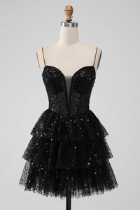 Spaghetti Straps Black Sequin Ruffle Homecoming Dress