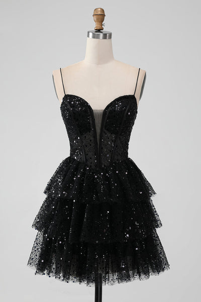 Spaghetti Straps Black Sequin Ruffle Homecoming Dress